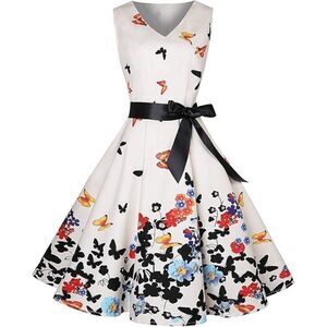🦋 Pinup Retro Vintage 1950s Butterfly Floral Print Tea Dress with Belt SIZE L N